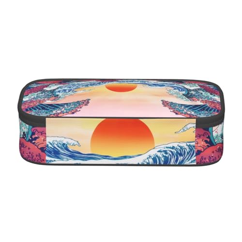 Image of Japanese Ocean Waves Large Pencil Case With Zipper Compartments Stationery Pencil Bag For Kids Teens Students School Supplies
