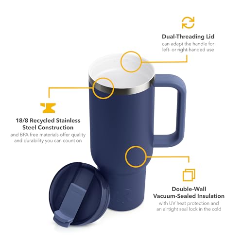 RTIC 40 oz Road Trip Tumbler Double-Walled Insulated Stainless Steel Portable Travel Coffee Mug Cup with Lid, Handle and Straw, Ceramic-Lined, Navy - Image 6