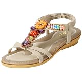 ZriEy Women's Low Heel Flat Sandals Open Toe Summer Beach Sandals Non Slip Dress Sandal Shoes Elastic Ankle Strap Cute Comfortable Bohemia Flat Heel for Women Nude Size 8.5