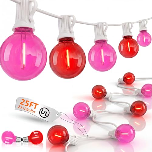 25FT G40 LED Outdoor Valentine's Day String Lights, Red and Pink Valentines Decorations Lights with 27 Shatterproof Globe Bulbs, Hanging Patio Lights for Home Balcony Backyard Garden Party Wedding