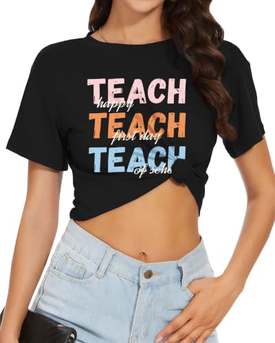 Image of Womens Crop Tops Summer Short Sleeve Round Neck T-Shirts Loose Fit Blouse