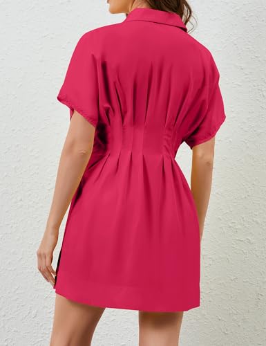 Image of Women Summer Short Sleeve Button Front Pleated Shirt Dress Striped Collar V Neck Casual Y2k Swing Short Mini Dress