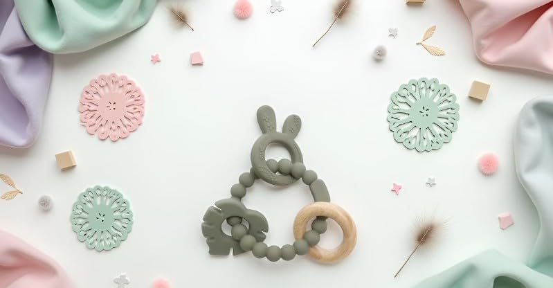 Image of | Bohemian Teether | Baby Teether | Sensory Exploration and Teething Relief | 100% Food-Grade Silicone Teether Toy | BPA Free | Chewbeads | Silicone with Beechwood Ring | (Sage)
