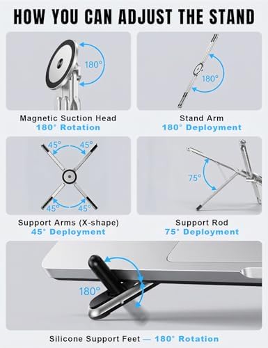 4-in-1 Foldable Laptop Stand & Magnetic Phone Holder, Silver Aerospace Aluminum Portable Desk Mount with N52 MagSafe Compatible Tripod Handle for MacBook Pro, iPad, Travel & Vlogging
