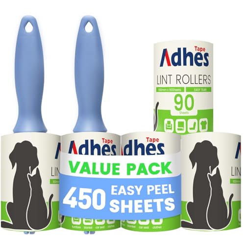 ADHES ペットヘア用リントローラー – 5ロール+ 2ハンドル, 4 インチ x 90 シート, 衣類、家具、車の脱毛用エクストラスティッキー使い捨てリントローラー – ポータブルペットヘアリムーバーの商品画像（Amazon）