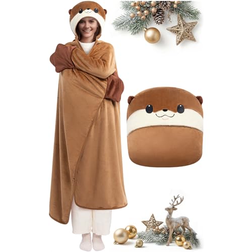 Mewaii Oversized Wearable Blanket Hoodie – Kawaii Otter Hooded Cloak, Soft Plush Flannel Blanket Hoodie, Unisex Cozy Blanket for Kids, Women, Men,Great Gift for Christmas & Birthdays (51.2"x62.2")
