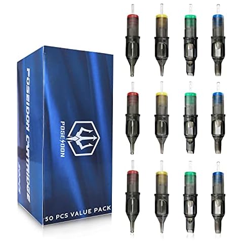 Poseidon Tattoo Cartridge Needles 50Pcs Assorted Mixed Size Round Liner Shader Magnum Curved/Round Mag 5rl 7rl 9rl 5rs 7rs 9rs 15m1 21m1 15cm 21cm Disposable Membrane Tattoo Needles Cover