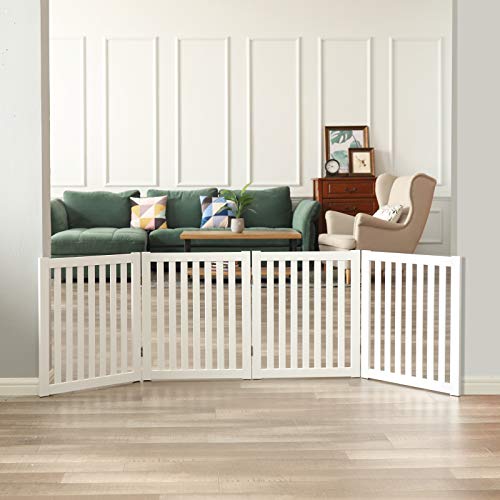 Welland Wooden Freestanding Pet Gate, 4 Panel 24 Inch Step Over Fence, Expands Up To 80" Wide, Foldable Indoor Dog Gate Puppy Safety Fence, White #TOP2