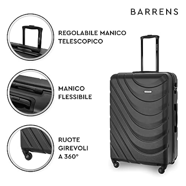 BARRENS Valigia grande | Bagaglio da stiva | 77x51x30 cm | 96 L | 4 ruote a 360 gradi | Maniglia flessibile | Valigia rigida | Compatibile con le compagnie aeree | Nero