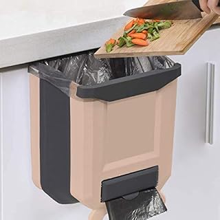 HUAPPNIO Kitchen Bin Plastic Folding Wall Mounted for Cupboard Door Hanging Trash Can 8L (Beige)