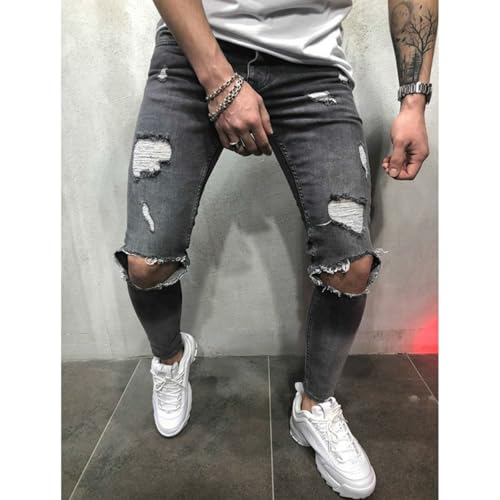 Pants Jeans Denim Trousers Ripped Worn Hole Street Trendy Elastic Tight Fitting Washed for Men2
