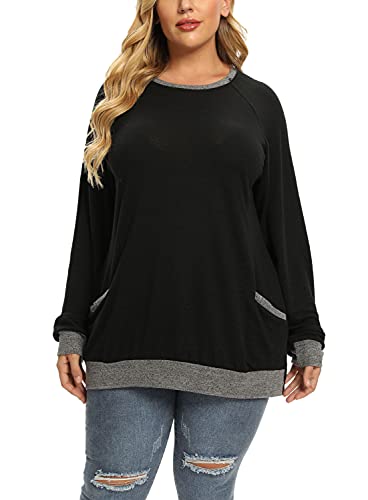 Plus Size Sweatshirts for Women, Long Sleeve Fall Crewneck Tunic Tops with Pockets for Leggings Black 4X