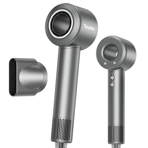 Tsuyaka ドライヤー 大風量 約20s 速乾 ヘアドライヤー 高濃度マイナスイオン 静電気抑制 ヘアケア 1200W 高速ドライヤー 高耐久ブラシレスモーター搭載 4段階温度調節&3段階風量 ワンタッチで冷風へ瞬時に切り替え 低温速乾 NTC温度制御 過熱防止 軽量 コンパクト 防塵フィルター搭載 マグネット式集風ノズル付属 家庭用・旅行用・サロン用 持ち運び便利 PSE認証済（グレー）