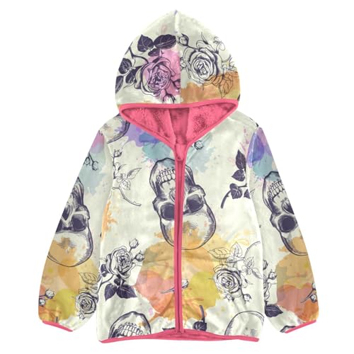 OTVEE Drawn Colorful Retro Skulls Rose Flowers Kids Hoodie Jacket Fall Spring Full Zip Warm Outwear Coat