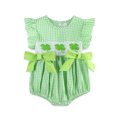 Toddler Girl Outfit St Patricks Day Baby Smocked Romper Onesie Short Sleeve Summer Plaid Clothes for 12~18Momths Green