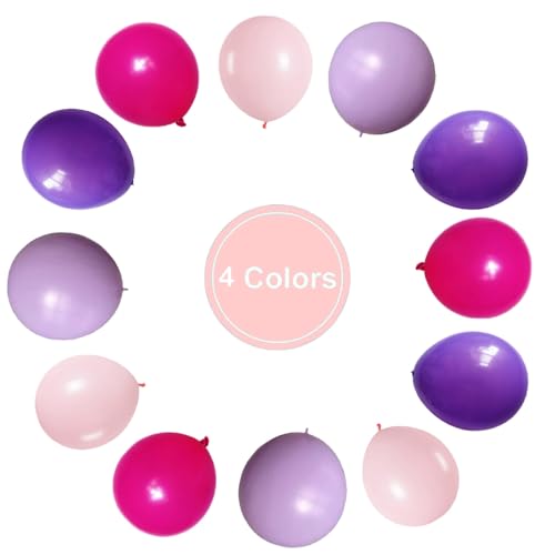Image of 100pcs Pink and Purple Balloons 12 Inch with Ribbon for Party Decorations | Hot Pink Light Pink Pastel Purple and Purple balloons for Girls Women Birthday Wedding Party Decorations