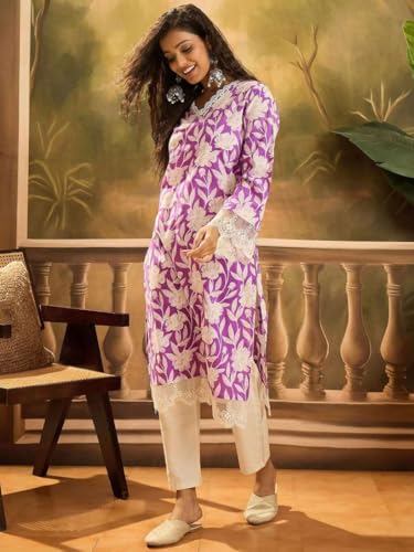 Image of Women's Floral Printed Cotton Afgani Kurta with Lace Detail Full Sleeves