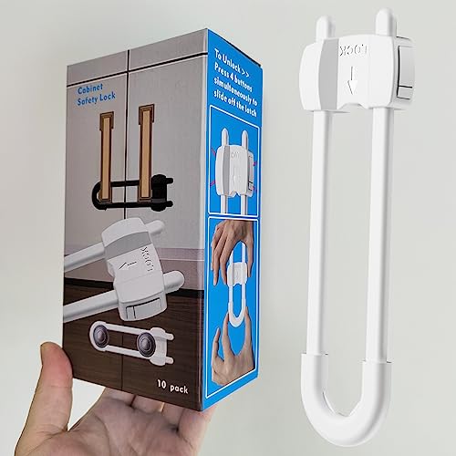 Child Safety Cabinet Locks For Babies, Kitchen Locks With Extra Secure Buttons For Cabinet Pulls, Cabinet Handles Knob, 4 Buttons Adjustable U-Shaped Cabinet Baby Proofing Locks ( 10 Pack, White ) #TOP1