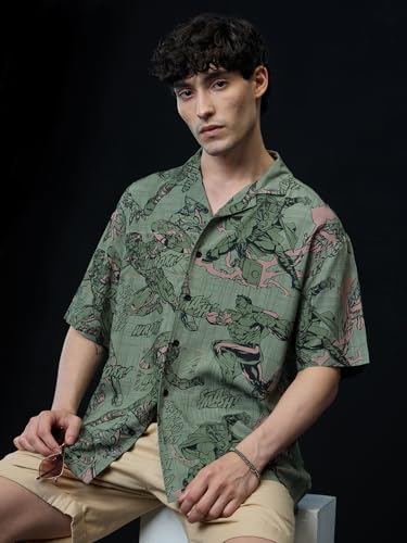 Image of The Souled Store Avengers: Comics Men and Boys Short Sleeves Collared Neck Button Front Green All Over Printed Viscose Oversized Shirts