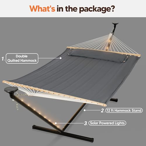 Image of SUNCREAT Double Hammock with 12 ft Stand, Solar Powered Lights Included, Outdoor Hammock for Outside, Dark Gray