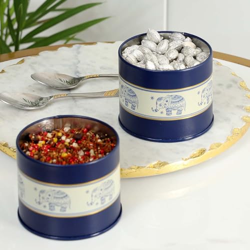 Image of Mandala Collection Airtight Kitchen Container Set| 450ML- Set of 2| Food Grade Metal Jars for Masala, Seeds, Cookies & Dry Storage| Vacuum Lid, Rust Resistant| Blue Elephant Canisters