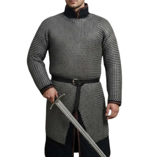 9mm Flat Riveted Chainmail Shirt Medieval Chain Mail Hauberk with Solid Rings for Halloween (oil finished large)