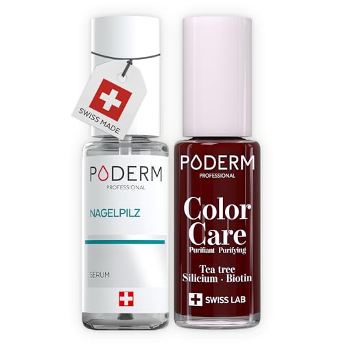 PODERM Hongo de uñas 2 en 1 + esmalte de uñas negro y rojo – Cuidado antifúngico, repara y oculta las uñas amarillentas para unas uñas visiblemente más sanas, desarrollado por un podólogo | Fabricado