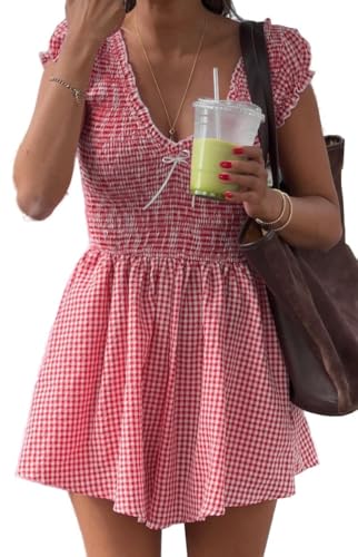 Meiyi station Womens Summer Gingham Rompers V Neck Puff Sleeve