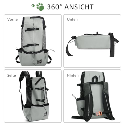 ALLSOPETS Hunderucksack Tragetasche Verstellbar für Kleine Mittelgroße Hunde, Haustier Rucksack zum Spaziergang Wandern Camping Bergsteigen Reisen (Salbeigrau, M)
