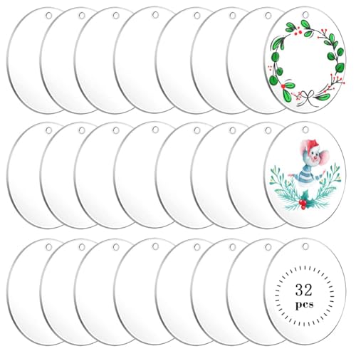 XWAIO 32pcs 2.5Inch Clear Acrylic Ornament Blanks - Round Acrylic Ornaments for DIY Projects Crafting Painting Hanging Ornaments