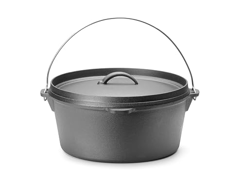 HENDI Olla de hierro fundido, caldero de brujas, con tapa y asas, para uso en fuego abierto, horno, cocina de gas, inducción, eléctrica, vitrocerámica, horno holandés, 7,2L, ø310(H)155mm