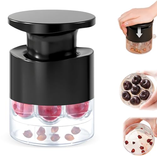 Cherry Pitter, 7-Hole Push-Type Cherry Pitter with Pit Storage Tray, Efficient Pit Removal, Multi-Particle Separator, Fruit Seed Remover Tool (Black)