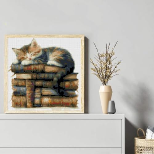 Image of KYOQFVN Cat Counted Stamped Cross Stitch Kits for Adults, 11 CT Stamping Cross Stitch Kit, Animal Needlepoint Cross-Stitch Patterns Dimensions for Home Decor 14x14 Inch