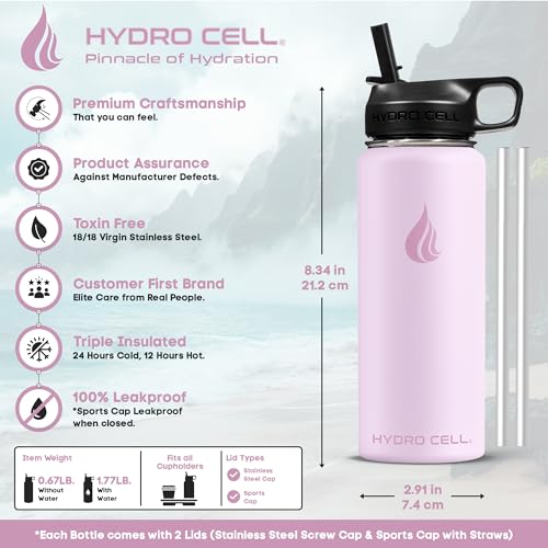 Image of HYDRO CELL Stainless Steel Insulated Water Bottle with Straw - For Cold & Hot Drinks - Metal Vacuum Flask with Screw Cap and Modern Leakproof Sport Thermos for Adults (Pink 18oz)