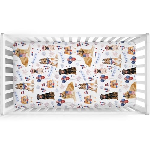 Hwmmbh Independence Day Dogs American Flags Baby Crib Sheets 52''X28'' July 4Th Dogs Fitted Crib Mattress Sheets For Boy Girl Dogs Lovers Gift Soft Nursery Bed Sheets For Standard Crib Toddler Mattresses thumb #1