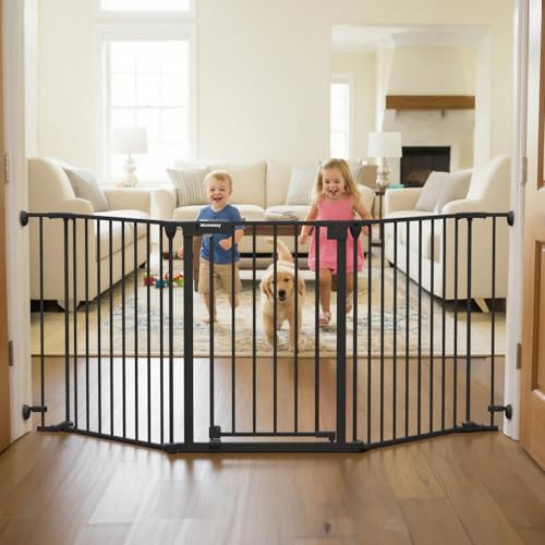 Mumeasy 80 Extra Wide Baby Gate for Doorways Stairs & Fireplace Auto Close Dog & Pet Gate with Walk Thru Door 3 Metal Panels Hardware Mounted Child Safety Fence for House Indoor/Outdoor Black