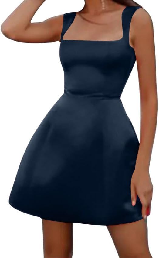 Image of Spaghetti Straps Short Homecoming Dresses Sqaure Neck Satin Mini Cocktail Dress Wedding Party Gowns