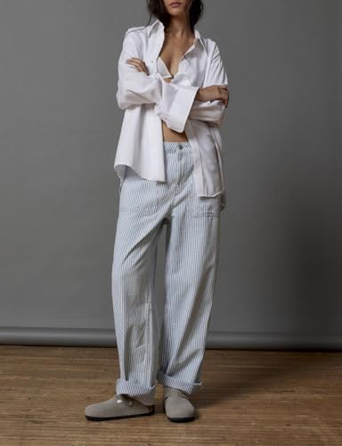 LifeShe Women Striped Baggy Barrel Jean Low Rise Straight Denim Pants Patch Pocket Barrel Trousers4