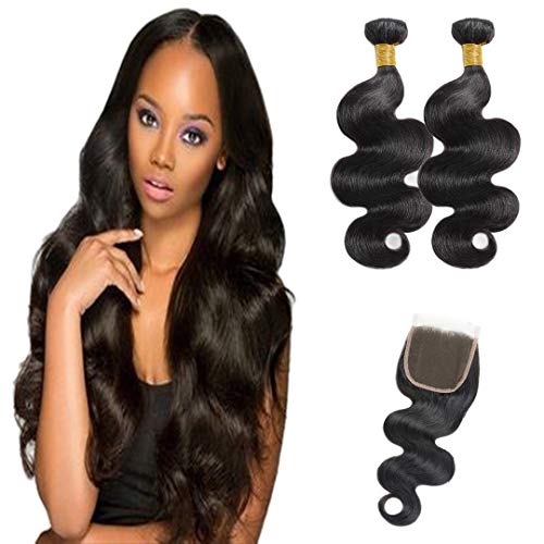 DMS Body Wave 2 Bundles With 4x4 Free Part Closure Brazilian Virgin Hair 100% Unprocessed Human Hair Bundles Lace Closure Natural Black(18” 20”+16” Closure, Natural)
