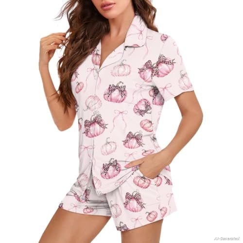 Image of Renewold Women's Short Sleeve Pajama Set Button Down Sleepwear with Notch Collar Soft Lounge Top and Shorts with Pockets