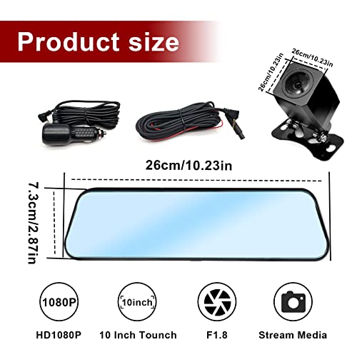 Mirror Dash Cam Backup Camera, 1080P Front and Rear View Dual Cameras, 10\" Full Touch Screen Video Recording System for Cars, Parking Assistance Night Vision - Thumbnail 2