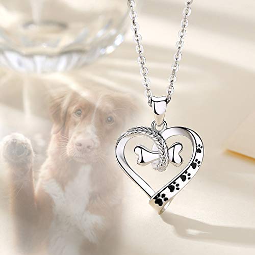 Eudora 925 Sterling Silver Necklace Cute Dog Paws With Bone, Heart Shape Pendant 18", Gift For Dog Owner #TOP1