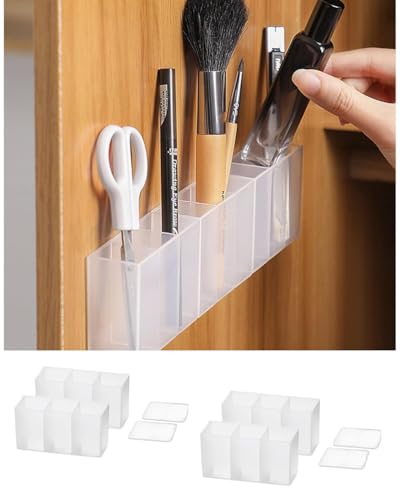 Image of Multipurpose Wall Mounted Storage Desk Organizer Box | Self Adhesive Plastic Holder with 4 Compartments for Bathroom, Kitchen, Office & Dressing Table