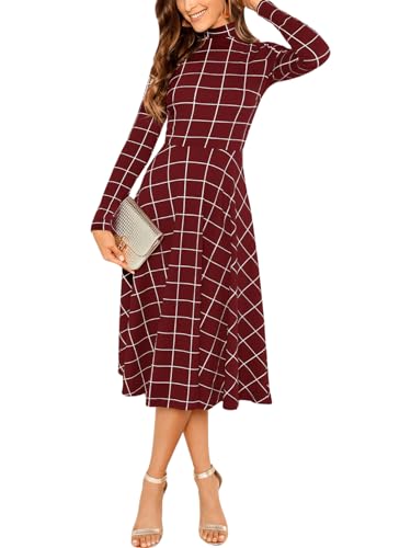 Image of Floerns Women's High Neck Plaid Fit and Flare Midi Dress