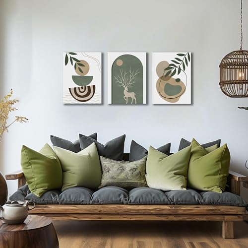 Image of Boho Sun Canvas Wall Art Set of 3, Neutral Abstract Minimalismt Bohemian Geometric & Botanical Plants Pictures Prints Artwork Paintings Wall Decor for Bedroom Living Room Home Decoration 12x16 inches