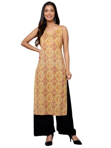 Image of Bani Women Straight Sleeveless Cotton Kurta for Women, Stylish V Neck Floral Printed Long Kurti, Regular Casual Wear for Womens | Cotton Kurti for Women /Party /College
