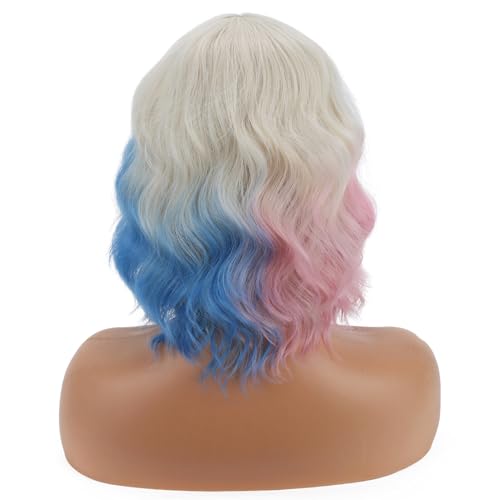 Image of BERON Women Short Platinum Ombre Pink and Blue Side Part Wigs Girls Colorful Shoulder Length Heat Resistant Synthetic Wig for Cosplay Costume Party or Daily
