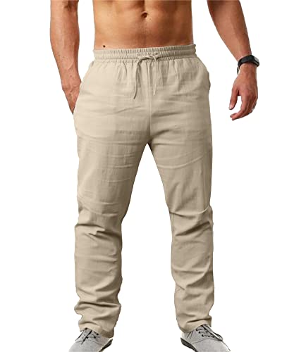 NANAMEEI Herren Leinenhose Lang mit Kordelzug Leicht Sommer Strand Einfarbig aus Baumwollmischung Khaki XL NANAMEEI Herren Leinenhose Lang mit Kordelzug Leicht Sommer Strand Einfarbig aus Baumwollmischung Khaki XL