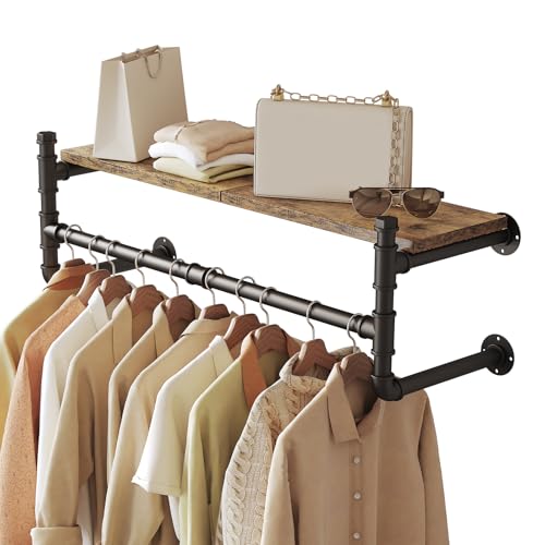 OLDRAINBOW Industrial Pipe Clothing Rack with Shelves,Wall Mounted Clothes Rack