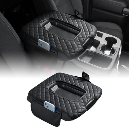 JOYTUTUS Center Console Cover Compatible with 2019-2025 2026 Silverado Sierra Jump Seat, Leather Arm Rest Armrest Cover for Car, Durable Middle Console Cover Replacement for Trucks, with 2 Pockets